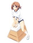  1girl blue_eyes blush breasts brown_hair buruma folded_ponytail gym_uniform hair_ornament hairclip komaki_manaka looking_at_viewer riding shoes simple_background socks solo tears to_heart_2 vaulting_horse white_background zekkyon 