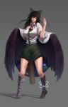  1girl arm_behind_back arm_cannon bird_wings black_hair black_legwear black_wings bow breasts brown_shoes cape green_bow green_skirt hair_bow highres kneehighs large_breasts loafers long_hair minamike1991 mismatched_footwear parted_lips red_eyes reiuji_utsuho shoes short_sleeves simple_background skirt solo touhou triangle weapon white_blouse wings 