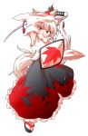  1girl alphes_(style) animal_ears bare_shoulders dairi hat highres inubashiri_momiji katana looking_at_viewer parody pom_pom_(clothes) red_eyes shield shirt short_hair silver_hair solo style_parody surprised sword tail tokin_hat touhou weapon white_shirt wolf_ears wolf_tail 