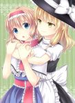 2girls :o alice_margatroid belt blonde_hair blue_eyes capelet cover cover_page doujin_cover from_behind green_background hairband half-closed_eyes hat hat_ribbon hug hug_from_behind irino kirisame_marisa multiple_girls ribbon short_hair short_sleeves smirk striped striped_background touhou turtleneck vertical-striped_background yuri 