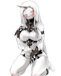  1girl albino blush boots breasts claws detached_sleeves dress horn kantai_collection large_breasts long_hair long_sleeves open_mouth personification red_eyes seaport_hime shinkaisei-kan solo white_background white_dress white_hair white_skin yuu_(kfc) 