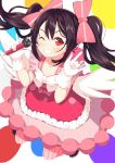  1girl \m/ black_hair bow clenched_teeth double_\m/ gloves grin hair_bow highres long_hair looking_at_viewer love_live!_school_idol_project microphone one_eye_closed ponkotsu_(ayarosu) red_eyes smile solo twintails white_gloves wink yazawa_nico 