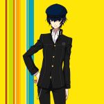  1girl androgynous blue_eyes blue_hair cabbie_hat hand_on_hip hat highres iketsuko persona persona_4 persona_4_the_golden reverse_trap shirogane_naoto short_hair solo 