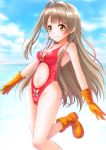  1girl absurdres armpits blue_sky boots breasts brown_eyes brown_hair center_opening cleavage clouds cosplay dragon_quest earrings gloves highleg highleg_swimsuit highres jewelry long_hair looking_at_viewer love_live!_school_idol_project minami_kotori navel ocean one-piece_swimsuit sky smile solo standing_on_one_leg swimsuit telaform 