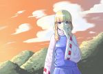  1girl azu_(azmzn) blonde_hair long_hair looking_at_viewer moriya_suwako nature no_hat outdoors solo standing sunset touhou turtleneck wide_sleeves 