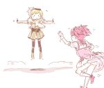  2girls :&gt; blonde_hair bouncing_breasts breasts corset drill_hair flying girl_on_top kaname_madoka large_breasts long_hair lowres magical_girl mahou_shoujo_madoka_magica multiple_girls outstretched_arms smile thigh-highs tomoe_mami twin_drills yellow_eyes yuripirate 