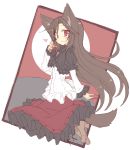  1girl animal_ears blush boots brooch brown_hair dress fingernails heart imaizumi_kagerou jewelry long_hair long_sleeves looking_at_viewer red_eyes rough satou_kibi smile solo tail touhou wolf_ears wolf_tail 