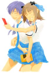  2girls ^_^ amami_haruka cellphone closed_eyes happy holding hug hug_from_behind idolmaster juu_(juuzi) kisaragi_chihaya multiple_girls necktie phone plaid plaid_skirt school_uniform shirt short_sleeves skirt 