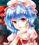  1girl bat_wings blue_hair bow cup hat hat_bow nagare red_eyes red_nails remilia_scarlet short_hair solo touhou wine_glass wings 