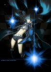  bikini_top black_hair black_rock_shooter black_rock_shooter_(character) boots coat engrish flat_chest glowing glowing_eyes long_hair midriff pale_skin ranguage shorts solo twintails uneven_twintails very_long_hair 