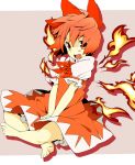  achi_cirno alternate_color alternate_costume alternate_element bad_id barefoot bizarro cirno crossed_legs fang feet fiery_wings fire hair_ribbon happy indian_style la-do monochrome open_mouth red_eyes red_hair redhead ribbon short_hair sitting smile solo touhou v_arms wings 