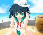  black_hair green_eyes hat horizon murasa_minamitsu nisu ocean open_mouth rope sailor sailor_collar sailor_hat sailor_suit short_hair sitting sky solo touhou wet 