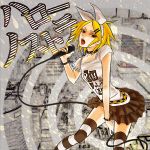  belt black_eyes blonde_hair collar fashion hair_ornament hair_ribbon hairclip hello_nostradamus_(vocaloid) kagamine_rin microphone ohagi ohagi_(pipedreams) open_mouth ribbon short_hair skirt solo spiked_collar spikes striped striped_legwear striped_thighhighs thigh-highs thighhighs vocaloid zettai_ryouiki 