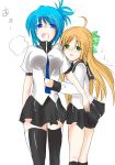  2girls blue_eyes blue_hair blush genderswap kampfer sakura_kaede school_uniform senou_natsuru simple_background thigh-highs yuri zettai_ryouiki 