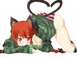  animal_ears braid cat_ears cat_tail hair_ribbon hands heart heart_tail kaenbyou_rin multiple_tails panties red_eyes red_hair ribbon short_hair solo striped striped_panties tail tomuman touhou twin_braids twintails underwear 