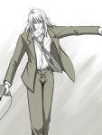  dissidia_final_fantasy final_fantasy final_fantasy_i formal grayscale hair_dryer monochrome mouth_hold necktie school_uniform solo suit toast toast_in_mouth warrior_of_light 
