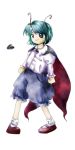 antenna bad_hands blue_eyes cape green_hair insect official_art oota_jun'ya pants pigeon-toed short_hair solo touhou transparent_background wriggle_nightbug zun_(artist) 