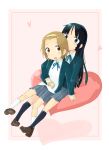  akiyama_mio bangs black_hair blue_eyes blunt_bangs blush boss_(artist) brown_eyes brown_hair hairband hand_holding heart hime_cut holding_hands hug k-on! multiple_girls school_uniform short_hair sitting tainaka_ritsu yuri 