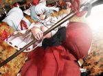  animal_ears bad_id bowa breasts cleavage detached_sleeves hat inubashiri_momiji red_eyes short_hair silver_hair solo tail tokin_hat touhou wolf_ears wolf_tail 