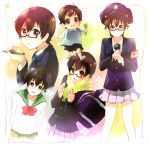  artist_request bag brown_hair flower glasses hat k-on! kuro_haruka&#9319; manabe_nodoka microphone police_hat police_uniform policewoman red-framed_glasses rimless_glasses scarf school_uniform semi-rimless_glasses shiny short_hair short_skirt skirt socks solo toddler under-rim_glasses uniform white_socks 