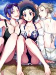  :p android_18 blue_eyes blue_hair bulma chi-chi_(dragon_ball) dragon_ball dragon_ball_z harumaki multiple_girls swimsuit tongue wink 