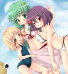  :o bad_id bikini blonde_hair blush breast_press breasts green_eyes green_hair hair_ribbon hand_on_head hands hat hat_removed headwear_removed kochiya_sanae kuro_minamo large_breasts moriya_suwako multiple_girls one-piece_swimsuit open_mouth purple_hair pyonta red_eyes ribbon sarong school_swimsuit smile swimsuit touching touhou yasaka_kanako yellow_eyes 