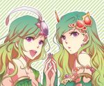  adult bad_id bare_shoulders breasts cleavage dual_persona final_fantasy final_fantasy_iv final_fantasy_iv_the_after green_hair hair_ornament long_hair open_mouth purple_eyes rydia time_paradox violet_eyes 