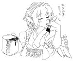  blush bow closed_eyes earrings hair_bow head_scarf japanese_clothes jewelry mitsumoto monochrome mystia_lorelei okamisty short_hair sketch solo touhou translated translation_request wings 