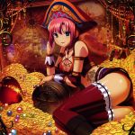  ass bare_shoulders belt breasts choker cleavage coin crown female gem gold green_eyes hat highres jewelry jewels koutaro large_breasts legs long_legs lying midriff money pink_hair pirate pirate_hat rio_rollins short_hair shorts skull_and_crossbones smile solo super_blackjack tattoo thigh-highs thighhighs thighs treasure_chest 
