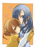  2girls ? annoyed blue_eyes blue_hair brown_hair bust dokidoki!_precure hishikawa_rikka hug mope multiple_girls orange_eyes precure yotsuba_alice yuri 