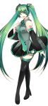 aqua_eyes aqua_hair bad_id bare_shoulders boots detached_sleeves hands hatsune_miku high_heels highres jeminl legs long_hair nail_polish necktie open_mouth roh_nam_kyung shoes solo thigh-highs thigh_boots thighhighs twintails very_long_hair vocaloid zettai_ryouiki 