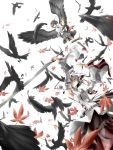  bad_id bird crow feathers geta highres inubashiri_momiji irena leaf maple_leaf shameimaru_aya tengu-geta touhou 