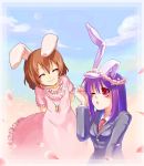  animal_ears arms_behind_back blazer brown_hair bunny_ears carrot closed_eyes dress flower_necklace inaba_tewi jewelry long_hair makarori multiple_girls necktie pendant petals pink_dress purple_hair rabbit_ears red_eyes reisen_udongein_inaba short_hair smile touhou wink 