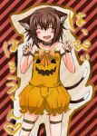  brown_hair cat_ears cat_tail chen earrings halloween highres jack-o'-lantern jewelry monrooru multiple_tails short_hair solo tail thigh_strap touhou 