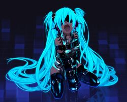  aqua_hair bdsm belt black_legwear blindfold bondage detached_sleeves frogtie glowing glowing_hair hair_ornament hatsune_miku headphones leather long_hair monoglove neon_lights open_mouth osamu_(jagabata) reflective_floor sitting skirt solo thigh-highs thighhighs tied twintails very_long_hair vocaloid zettai_ryouiki 