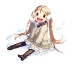  blonde_hair breath child earmuffs happy open_mouth original sitting smi snow solo twintails 