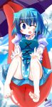  blue_eyes blue_hair feet highres karakasa_obake kuraryu short_hair solo tatara_kogasa tongue touhou umbrella wink 