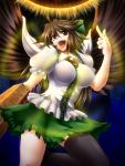  breasts brown_hair large_breasts long_hair middle_finger ootsuki_wataru open_mouth reiuji_utsuho single_thighhigh solo thigh-highs thighhighs tongue touhou wings 