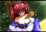  bad_id between_breasts breasts bust_cup cleavage hair_bobbles hair_ornament large_breasts onozuka_komachi red_eyes red_hair redhead sake short_hair solo touhou twintails wata 