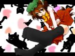  animal_ears black_legwear blush bowtie brown_eyes brown_hair cat cat_ears cat_tail chen earrings fang feet haruyonoto hat jewelry multiple_tails short_hair socks solo tail thigh-highs thighhighs touhou 