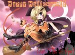  blonde_hair blue_eyes bow broom broom_riding broomstick candy graveyard halloween jack-o-lantern witch witch_hat 