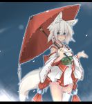  animal_ears bad_id blue_eyes blush detached_sleeves fox_ears fox_tail japanese_clothes kazami_mioyoru kazami_ryouya miko oriental_umbrella original short_hair silver_hair solo tail thigh-highs thighhighs umbrella 