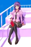  book g-tetsu green_eyes legs long_hair monogatari_(series) necktie pen purple_hair school_uniform senjougahara_hitagi sitting solo stairs thigh-highs thighhighs zettai_ryouiki 