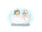  1boy 1girl bath bathtub blue_eyes brown_hair bubble bubble_bath chibi claw_foot_bathtub futeni kotone_(pokemon) minaki_(pokemon) naked_towel pokemon pokemon_(game) pokemon_gsc rubber_duck towel towel_on_head towel_wrap tub 