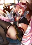  1boy ass astolfo_(fate) astolfo_(saber)_(fate) bangs bare_shoulders belt black_bow black_gloves black_legwear black_neckwear black_ribbon black_shirt black_skirt blush bow bowtie crop_top fate/grand_order fate_(series) gloves hair_between_eyes hair_bow hair_intakes hair_ribbon hands_up jikihatiman long_hair long_sleeves looking_at_viewer low_twintails midriff multicolored_hair one_eye_closed open_mouth otoko_no_ko pink_hair pleated_skirt ribbon shirt skirt smile solo streaked_hair thigh-highs thighs twintails violet_eyes white_hair wide_sleeves wing_collar 