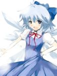  blaze_(artist) blue_eyes blue_hair bow cirno fang hair_bow hair_ribbon hand_on_hip looking_at_viewer neck_ribbon open_mouth ribbon rough smile solo touhou 