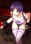 aouma_(pixiv) bad_id bare_shoulders blue_hair breasts brown_eyes cleavage cosplay crossed_legs face fingerless_gloves flat_chest ghost_in_the_shell gloves highres idolmaster kisaragi_chihaya kusanagi_motoko kusanagi_motoko_(cosplay) long_hair open_mouth sitting solo thigh-highs thighhighs 