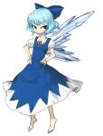  bad_anatomy barefoot blue_eyes blue_hair bow cirno feet hair_bow hands hands_on_hips highres kazeto short_hair smile solo touhou wings 