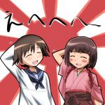  bangs blunt_bangs blush blush_stickers bob_cut brown_hair closed_eyes crossover hair_ornament japanese_clothes kimono miyafuji_yoshika multiple_girls nomal school_uniform serafuku short_hair strike_witches suzukawa_koume taishou_yakyuu_musume 