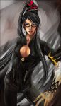  bayonetta bayonetta_(character) black_hair blue_eyes bodysuit earrings eyeshadow glasses hair_bun kira_(pixiv308168) long_hair mole red_ribbon ribbon 